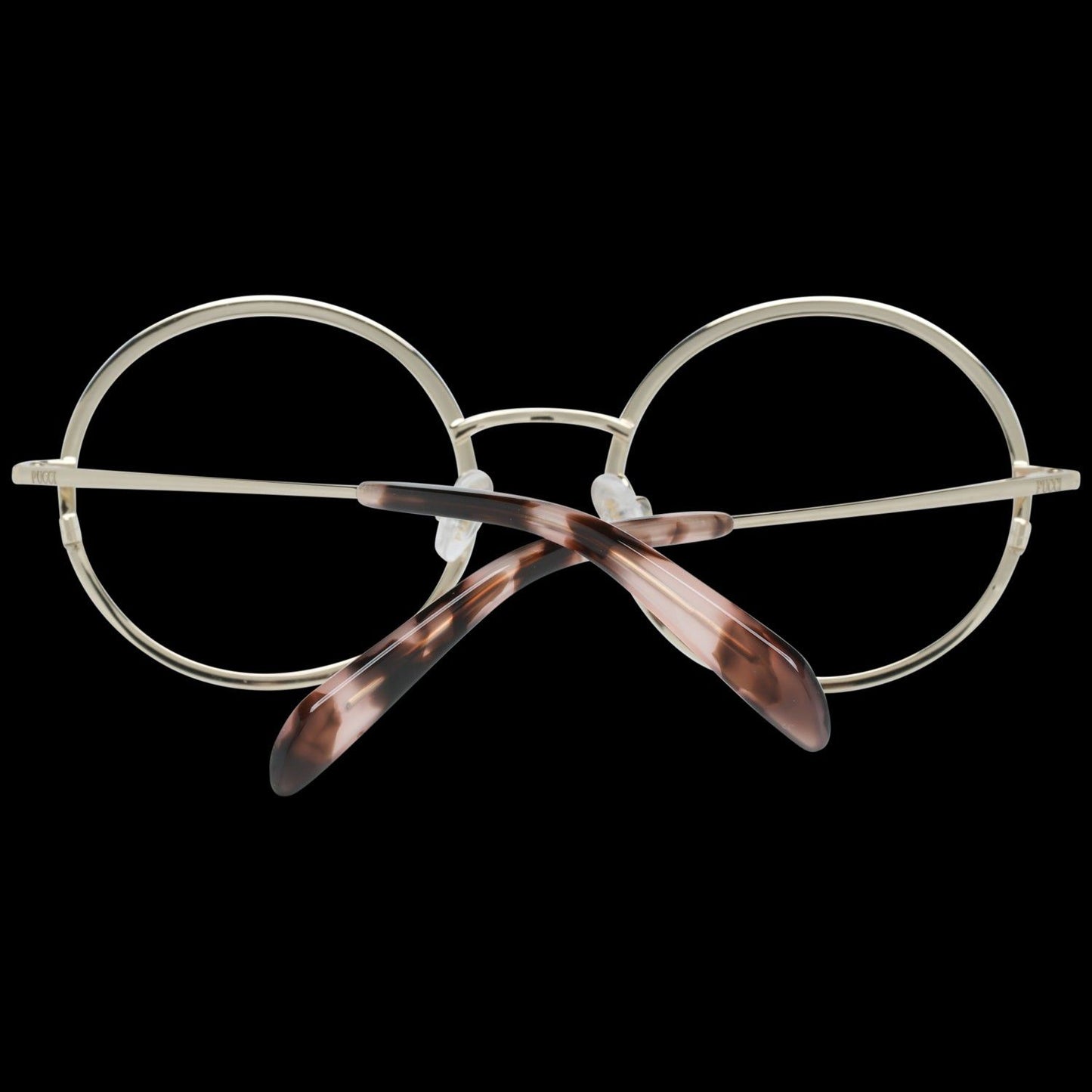 Alt Tag: Emilio Pucci EP5079 49074 round glasses for ladies, featuring gold metal frame and tortoiseshell temples, on black background.
