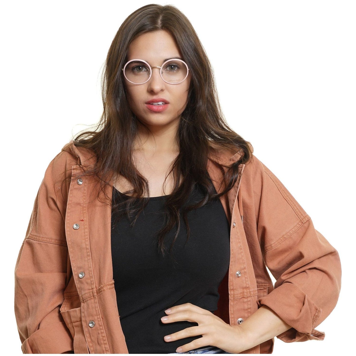 Woman wearing Emilio Pucci EP5079 glasses with a brown jacket and black top, displaying fashionable eyewear for ladies.