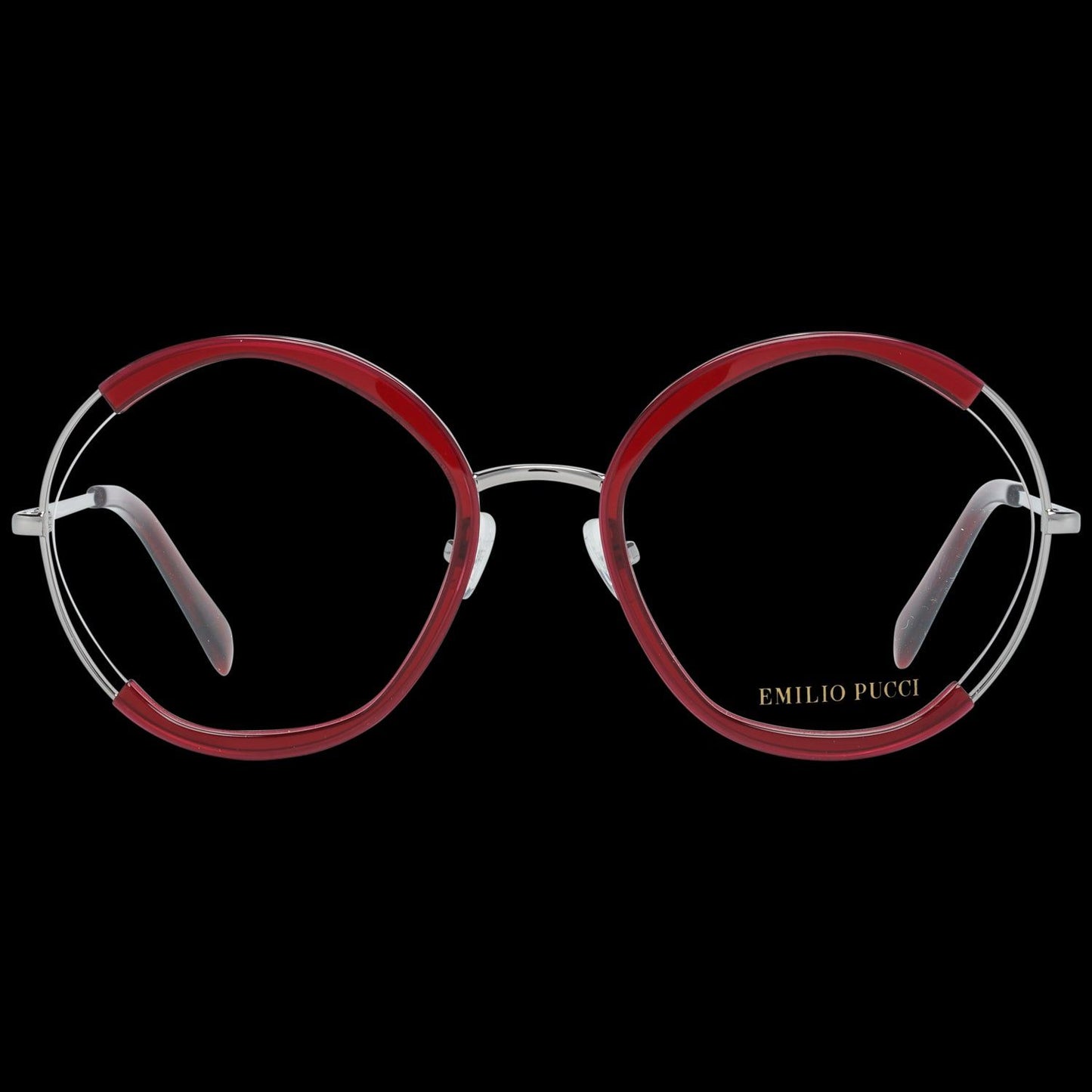 EMILIO PUCCI MOD. EP5089 women's eyeglasses with red and silver round frames, front view against black background
