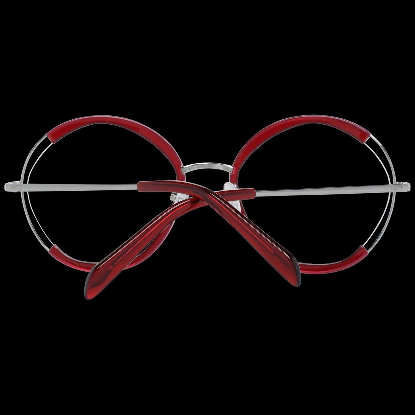 EMILIO PUCCI MOD. EP5089 54044 lady's fashion eyeglasses with red and silver frame, stylish back view on black background.