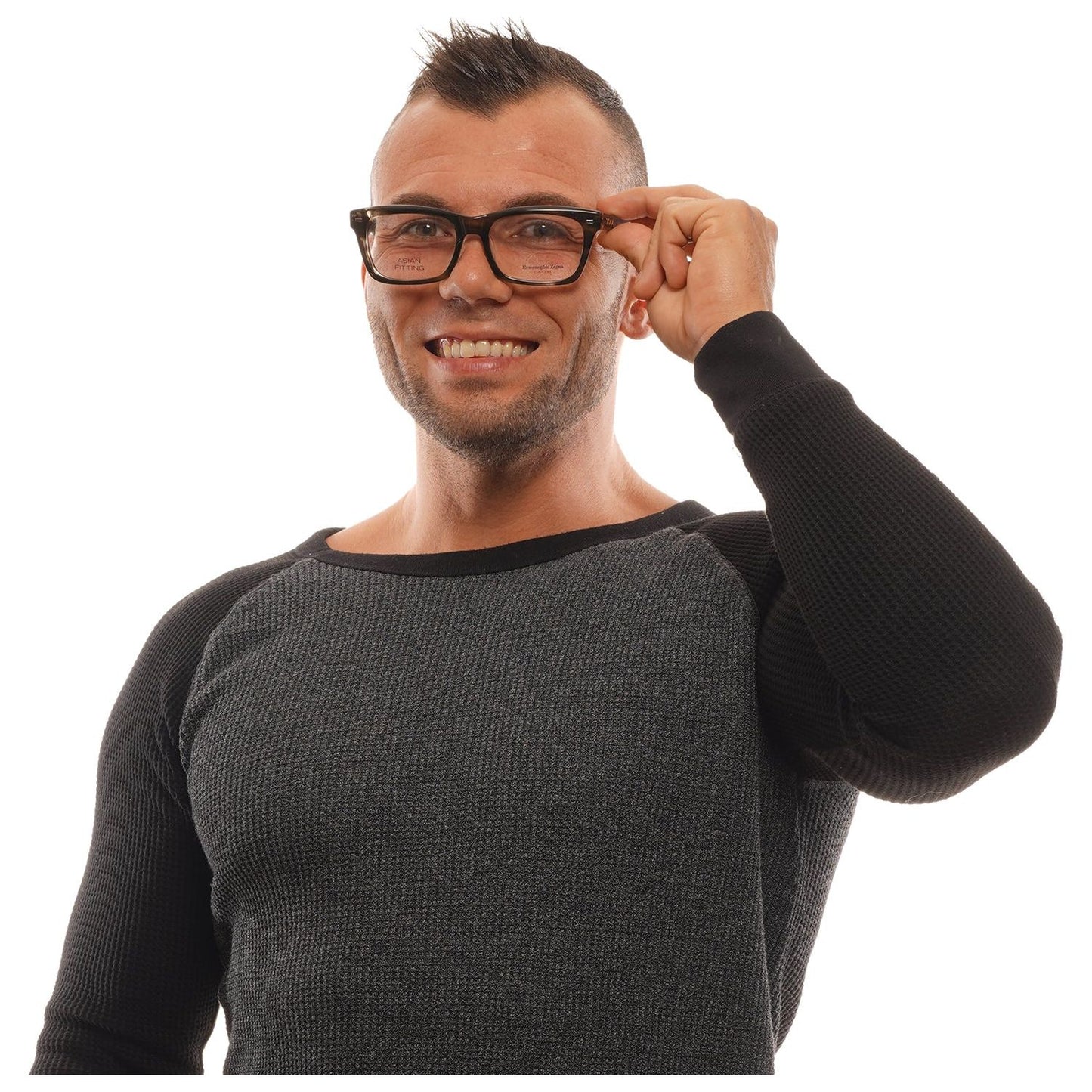 Man wearing Ermenegildo Zegna ZC5006-F glasses, smiling in a black knit sweater.