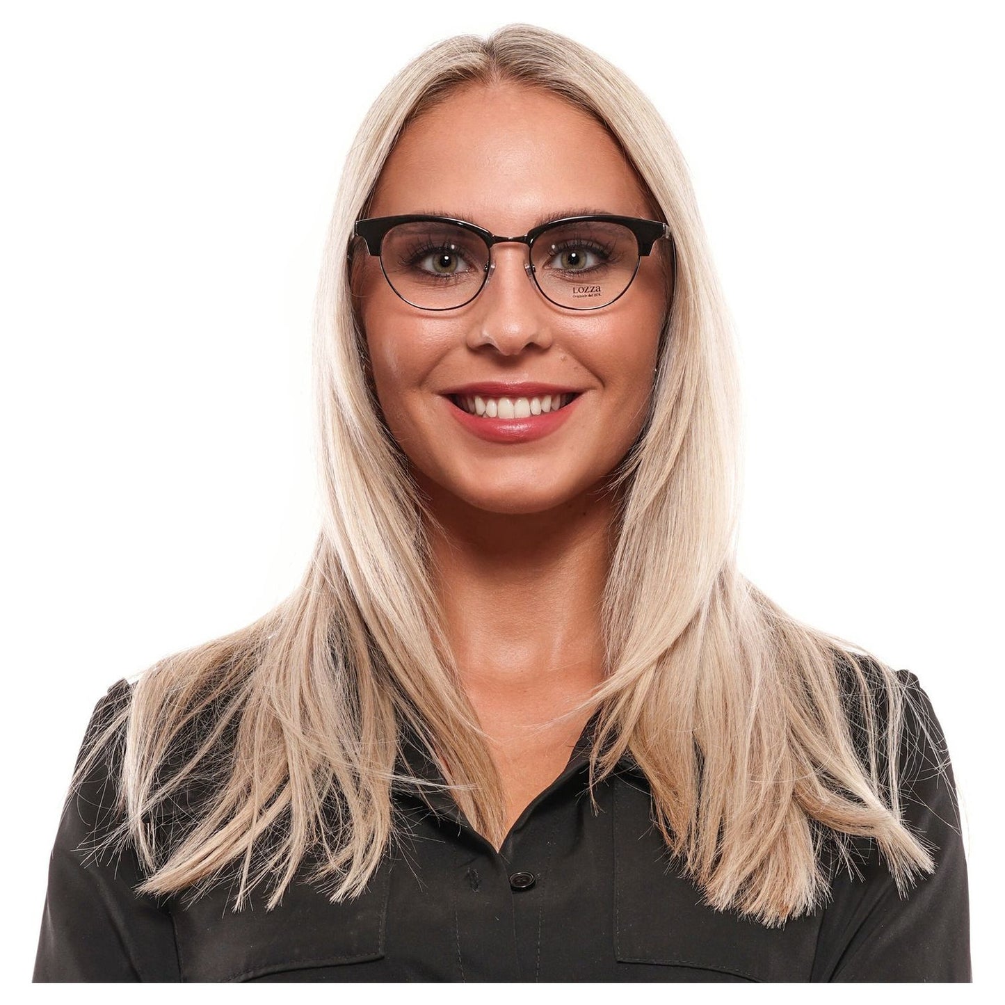 Woman wearing LOZZA MOD. VL4142 500BLK glasses, featuring sleek black frames designed for ladies.