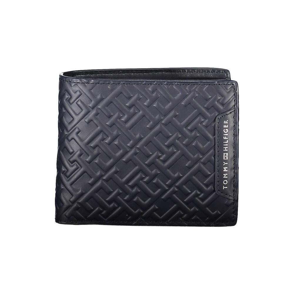 Tommy Hilfiger blue leather men's wallet with embossed pattern and logo, featuring compartments for cards, coins, and essentials.