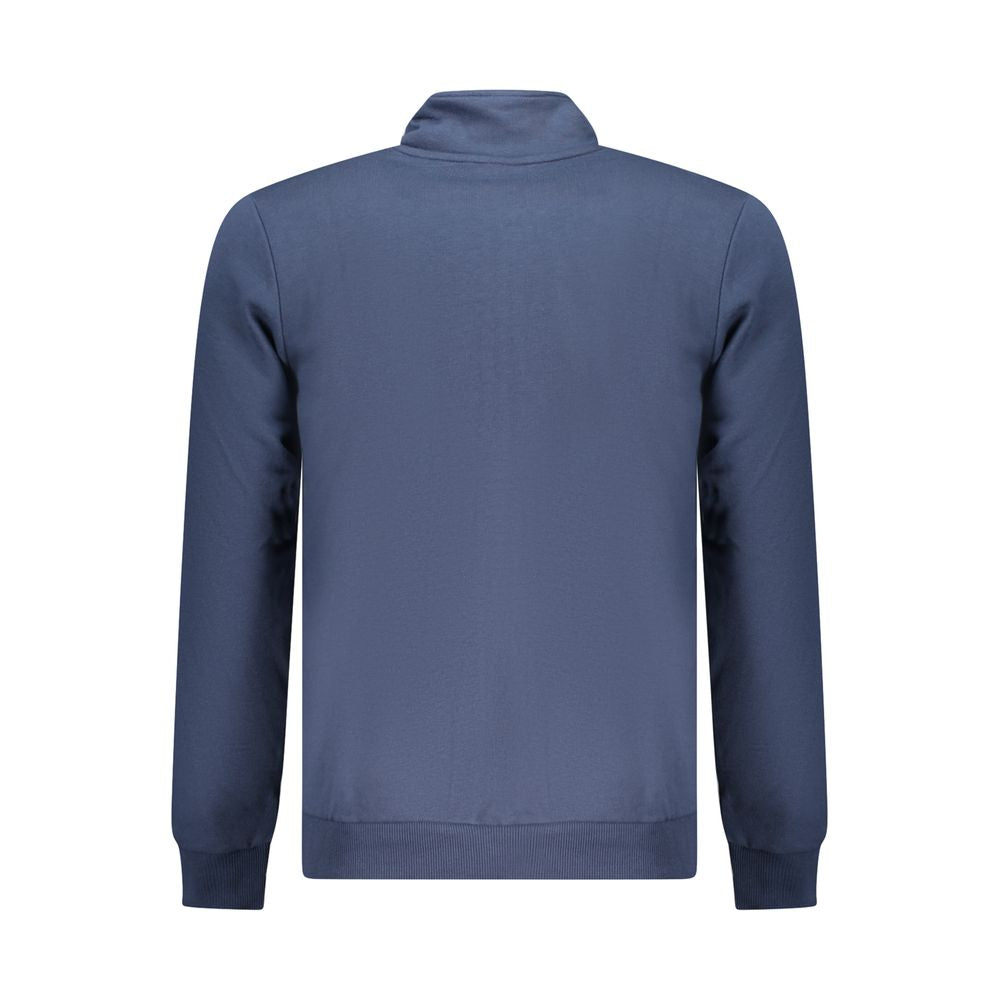Back view of U.S. Grand Polo blue cotton sweater with long sleeves, brushed texture, two pockets, zip, and embroidered logo.