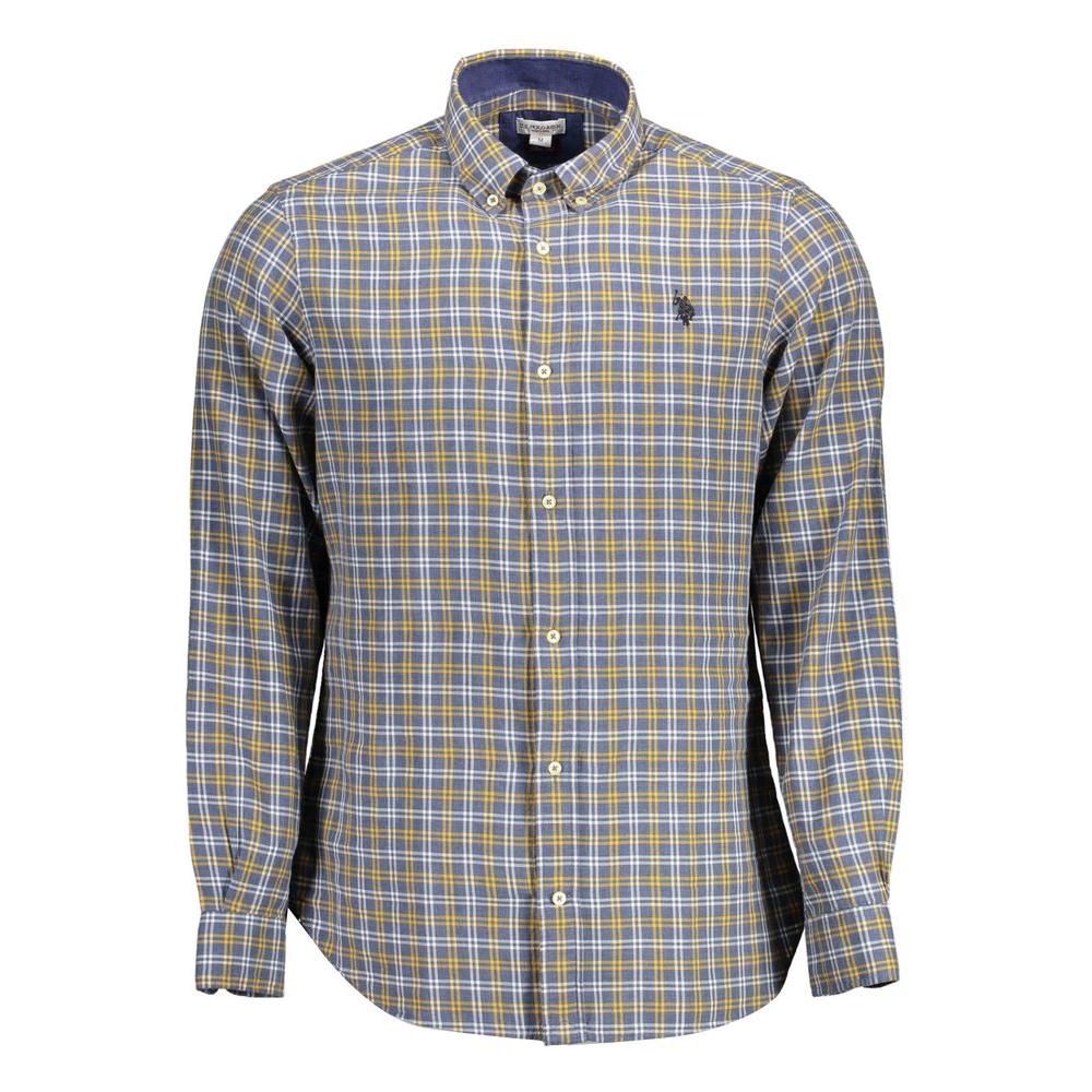 U.S. POLO ASSN. blue plaid men's shirt with button-down collar and embroidery, slim fit long sleeves, 100% cotton for comfort.
