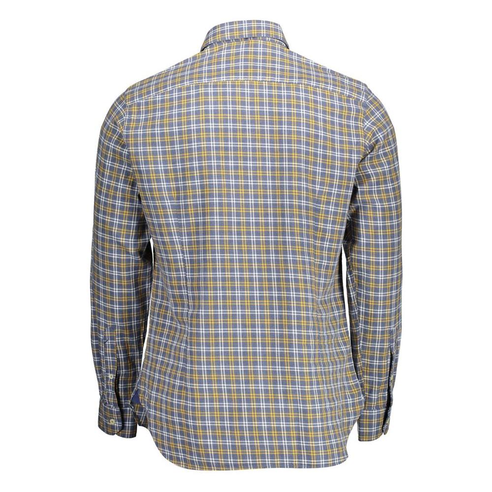 Back view of a long sleeve plaid men's shirt with a blue and yellow check pattern, featuring a button-down collar and button cuffs.