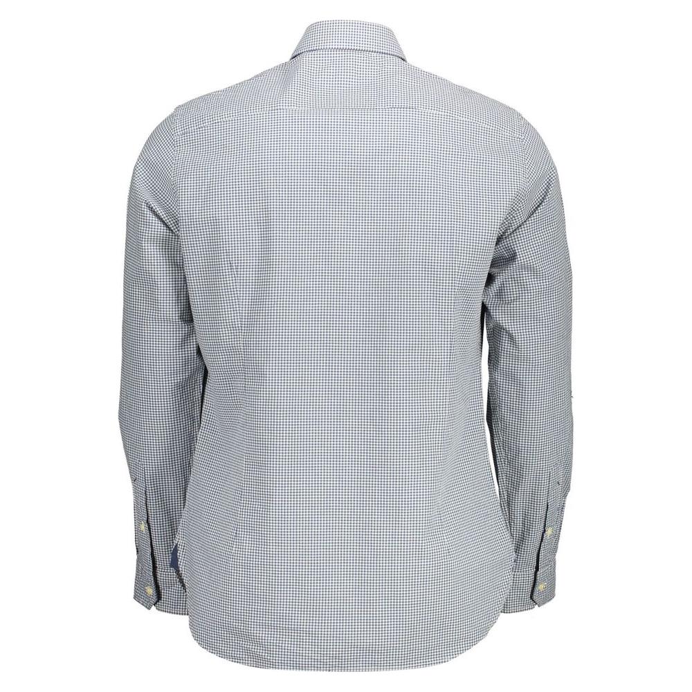 Back view of U.S. POLO ASSN. light blue cotton men's shirt with long sleeves and French collar.
