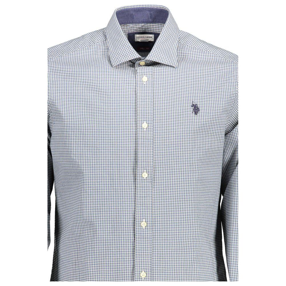 U.S. POLO ASSN. light blue checkered men's shirt with long sleeves, French collar, and embroidered logo