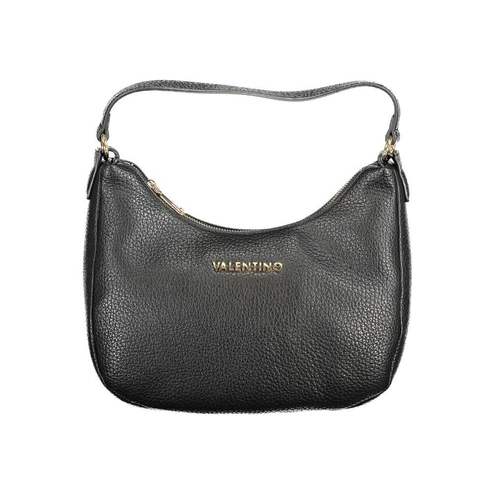 Valentino black polyethylene handbag with shoulder strap, featuring sleek design and gold logo, perfect for stylish ensembles.