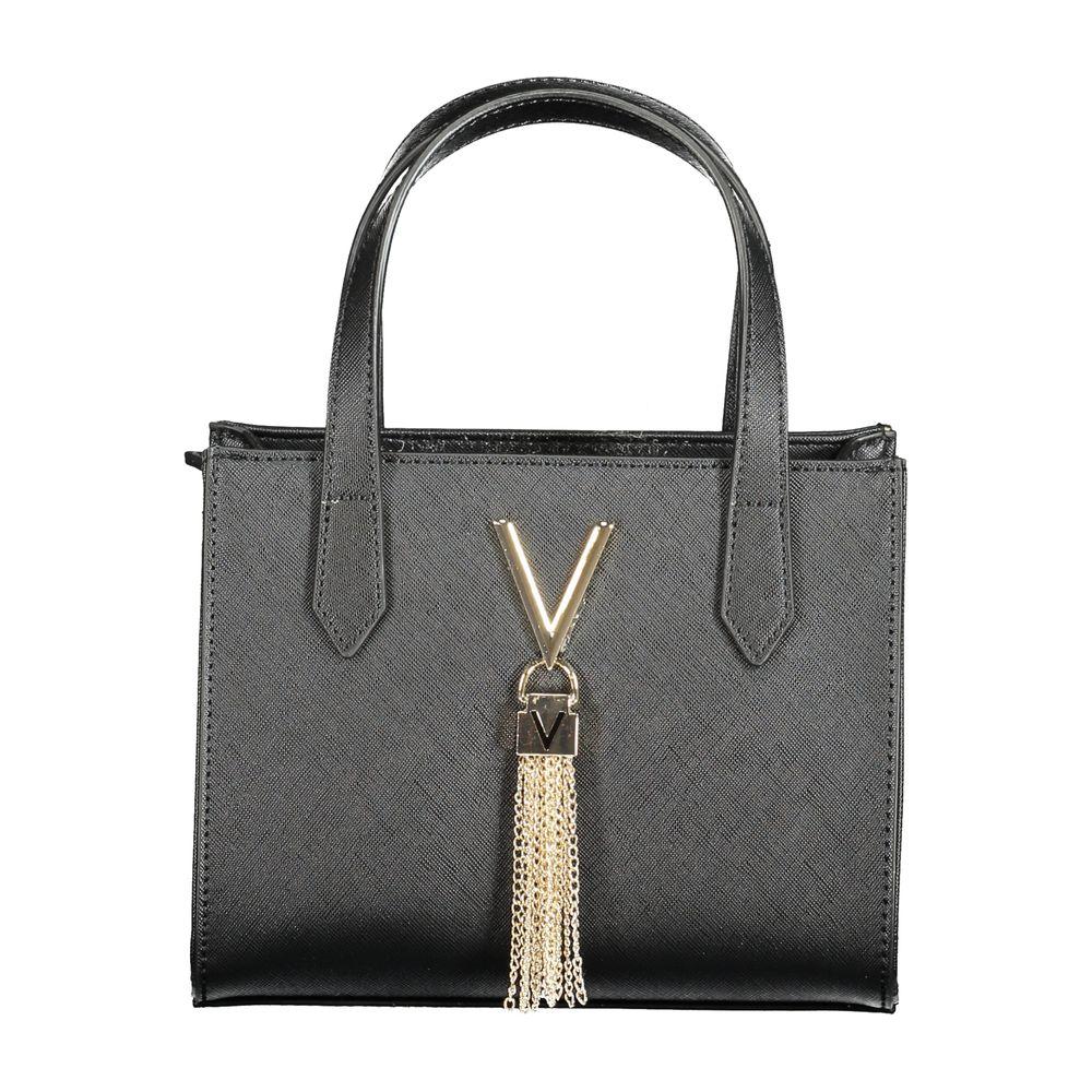 Valentino Bags black polyethylene handbag with gold V embellishment and dual handles, featuring detachable shoulder strap.