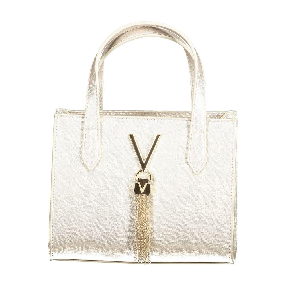 Elegant Valentino white handbag with gold tassel and V logo, perfect for sophisticated style and versatility.