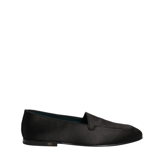 Dolce & Gabbana Black Satin Logo Slip On Flats Loafers Shoes