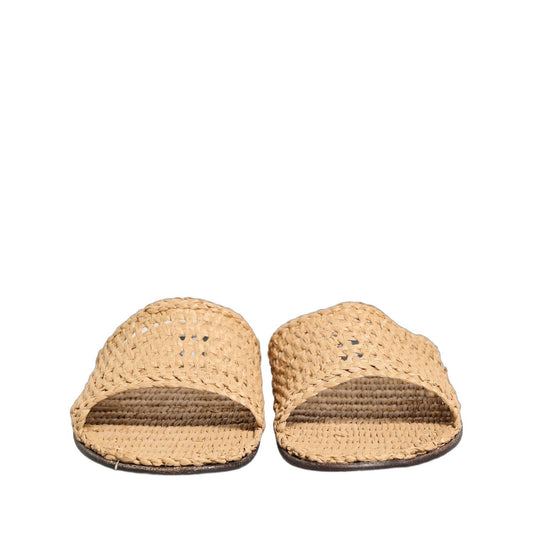 Dolce & Gabbana Beige Straw Raffia Slides Sandals Flats Shoes