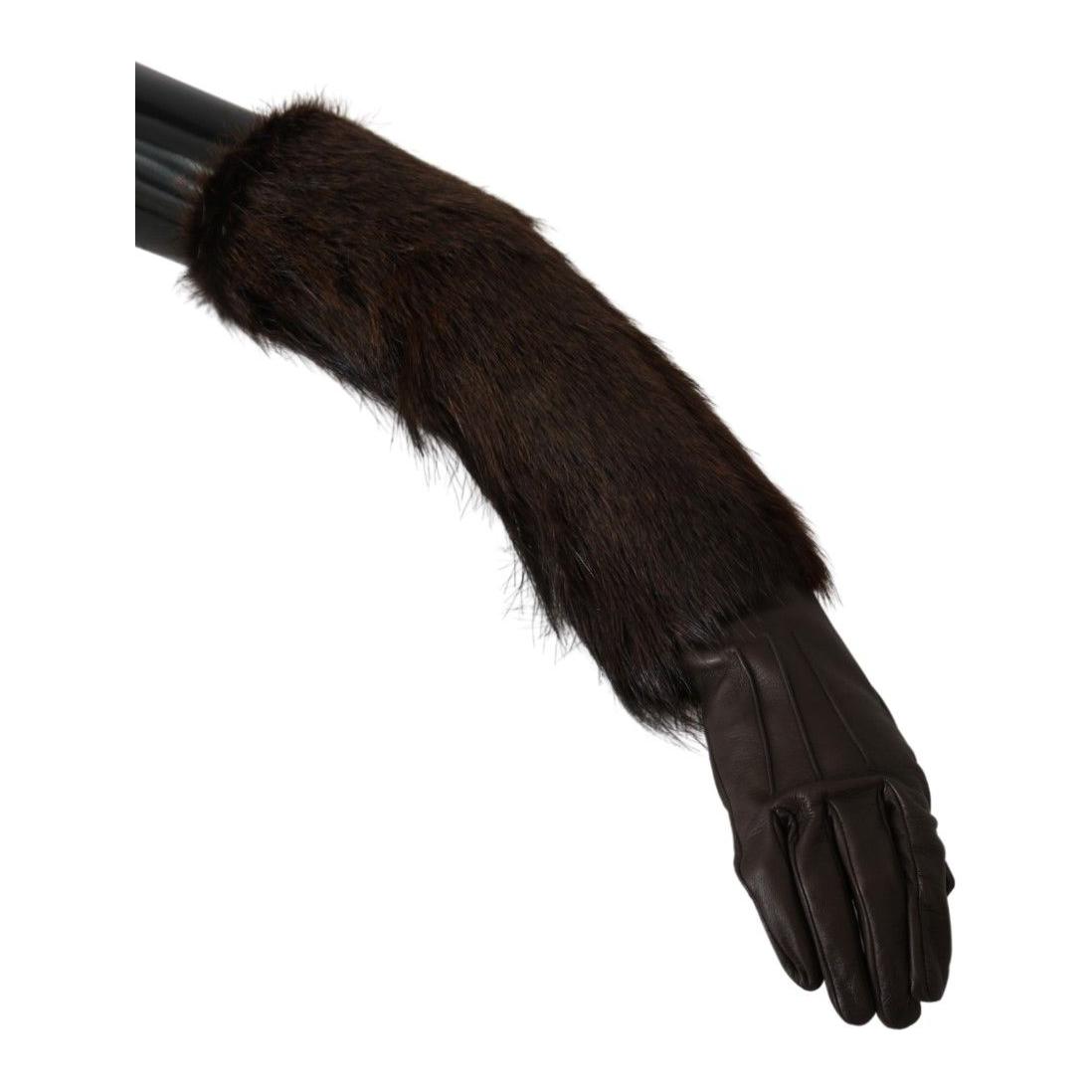 Dolce & Gabbana Brown Elbow Length Mittens Leather Fur Gloves