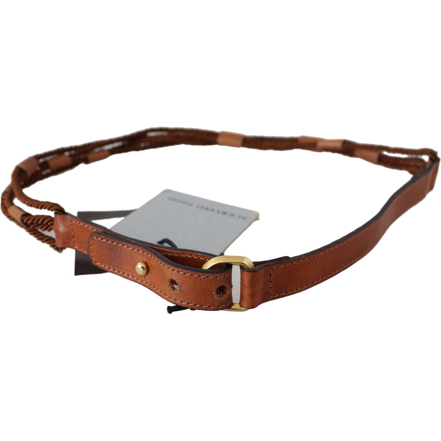 Scervino Street Brown Leather Braided Rope Gold Buckle Belt