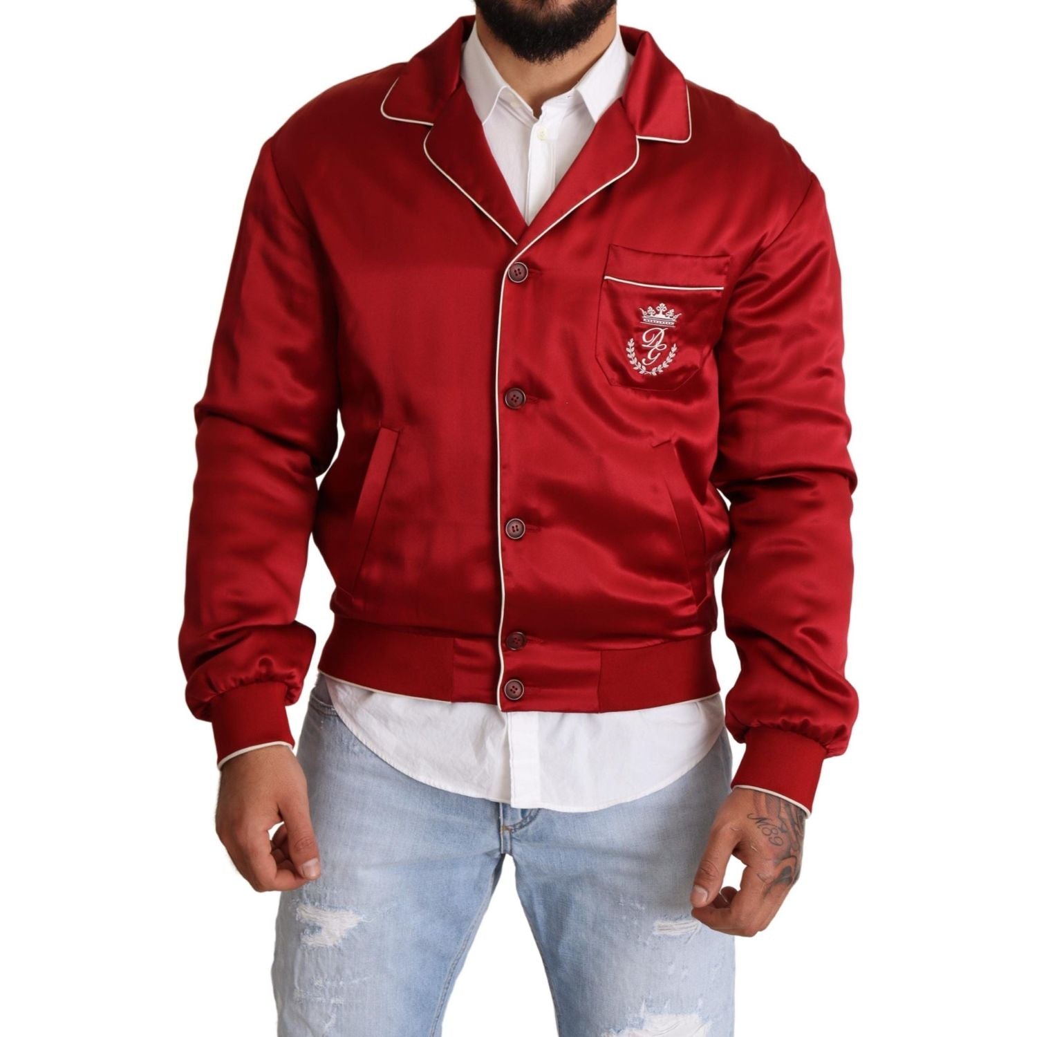 Dolce & Gabbana Red Silk Button DG Logo Bomber Jacket