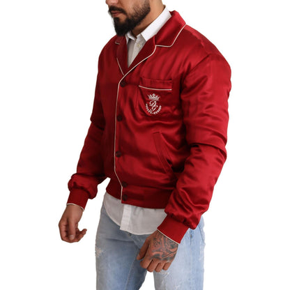Dolce & Gabbana Red Silk Button DG Logo Bomber Jacket