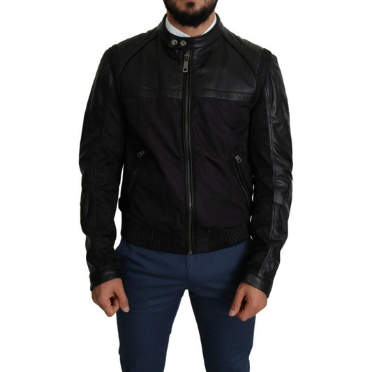 Dolce & Gabbana Elegant Black Bomber with Leather Accents MAN COATS & JACKETS Dolce & Gabbana Black