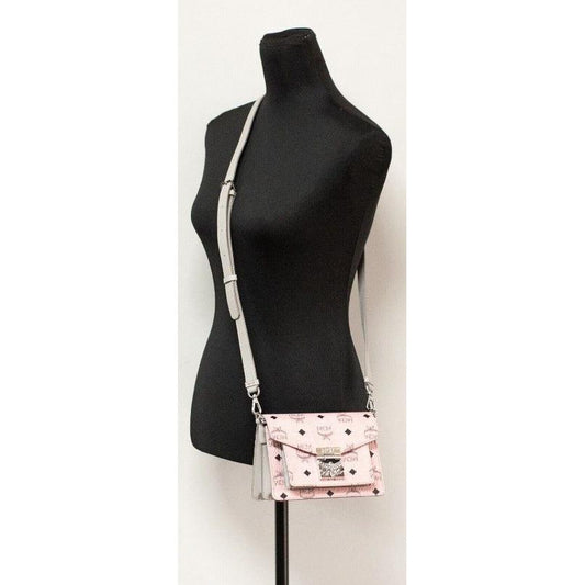 MCM Signature Soft Pink Diamond Logo Leather Mini Flap Lock Crossbody Handbag MCM Light Gray