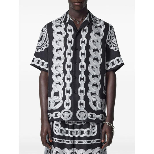 Versace Printed Silk Medusa Chains Bowling Shirt Shirts Versace Light Gray