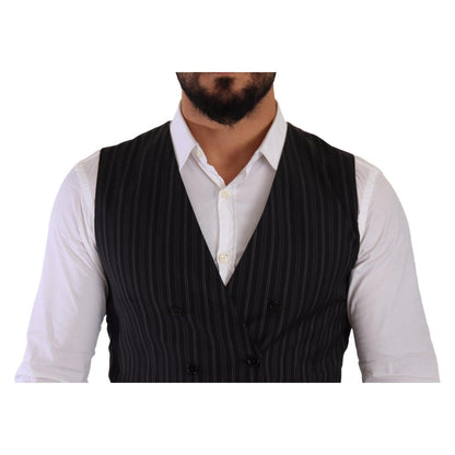 Dolce & Gabbana Gray Striped Double Breasted Waistcoat Vest 13% Nylon,14% Viscose,1728,26% Polyester,5% Elastane,67345645728,Black and Gray,Clothing,Dolce & Gabbana,IT48 | M,Material: 42% Virgin Wool,Men,Men - Clothing,New with tags,Suits & Blazers - Clot