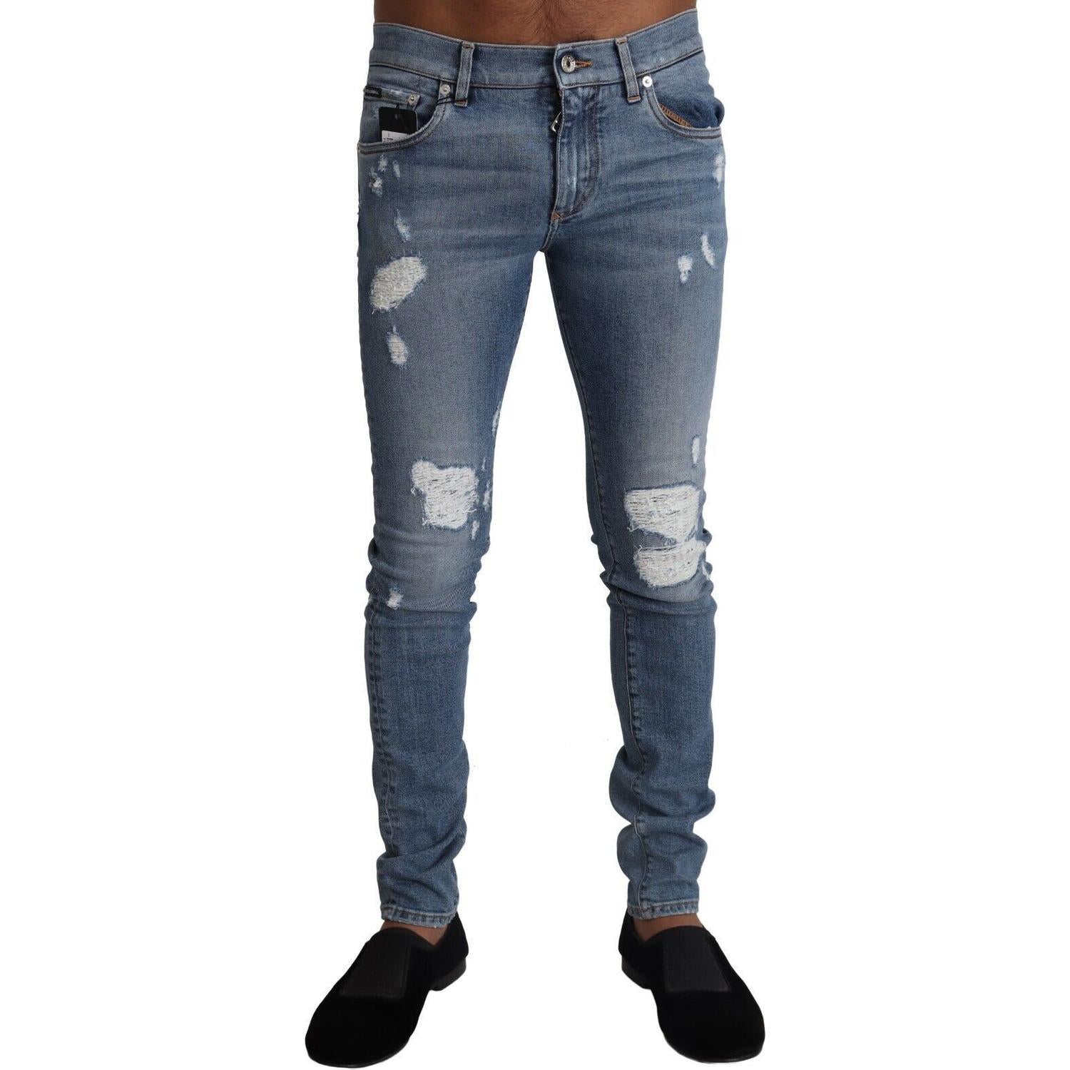 Dolce & Gabbana Light Blue Tattered Cotton Denim Skinny Jeans