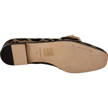 Dolce & Gabbana Gold Leopard Print Crystals Loafers Shoes