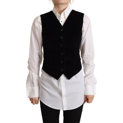 Dolce & Gabbana Black V-neck Leopard Corduroy Button Vest Top