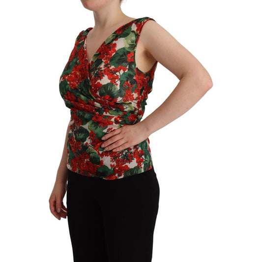 Dolce & Gabbana Elegant V-Neck Geranium Print Silk Tank Top Dolce & Gabbana Rosy Brown
