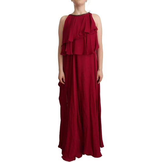 PLEIN SUD Elegant Silk Sleeveless Ruffled Maxi Dress PLEIN SUD Dark Red