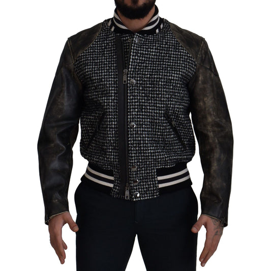 Dolce & Gabbana Multicolor Houndstooth Leather Bomber Jacket Dolce & Gabbana Black