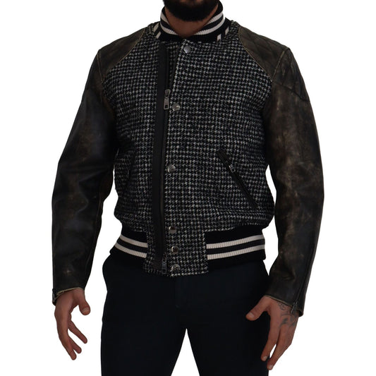 Dolce & Gabbana Multicolor Houndstooth Leather Bomber Jacket Dolce & Gabbana Black