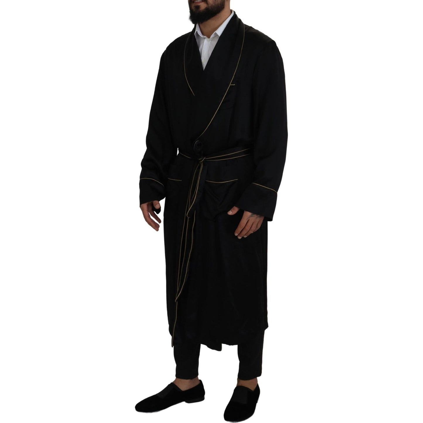 Dolce & Gabbana Black 100% Silk Robe Coat Wrap Jacket