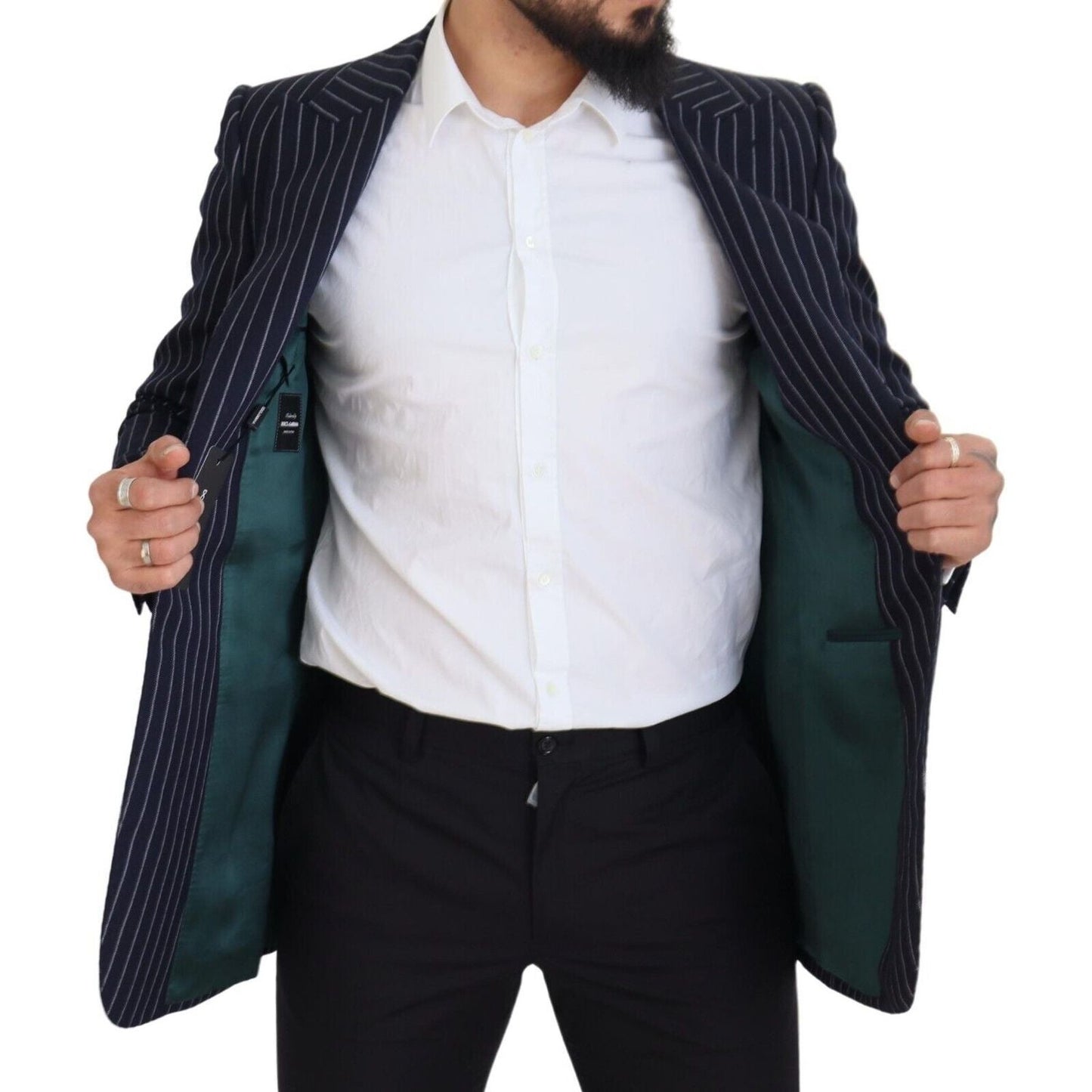 Dolce & Gabbana Dark Blue Stripe Wool Single Breasted Blazer