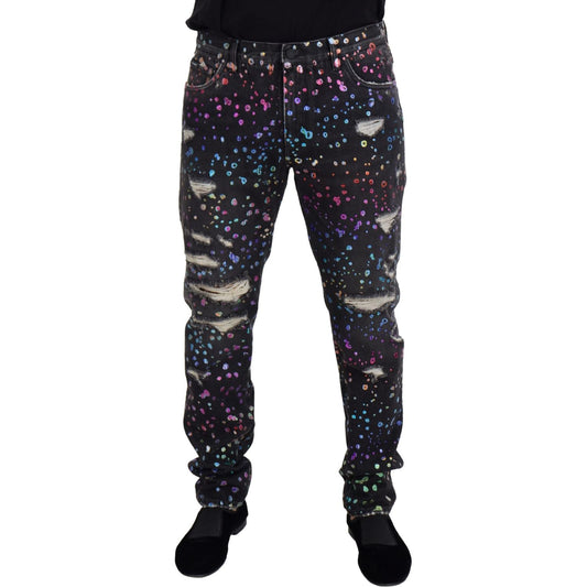 Dolce & Gabbana Black Multicolor Print Tattered Denim Jeans