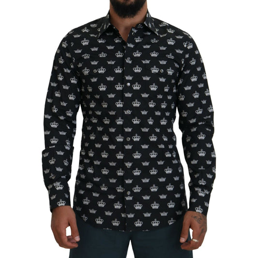 Dolce & Gabbana Elegant Slim Fit Crown Print Formal Shirt Dolce & Gabbana Black