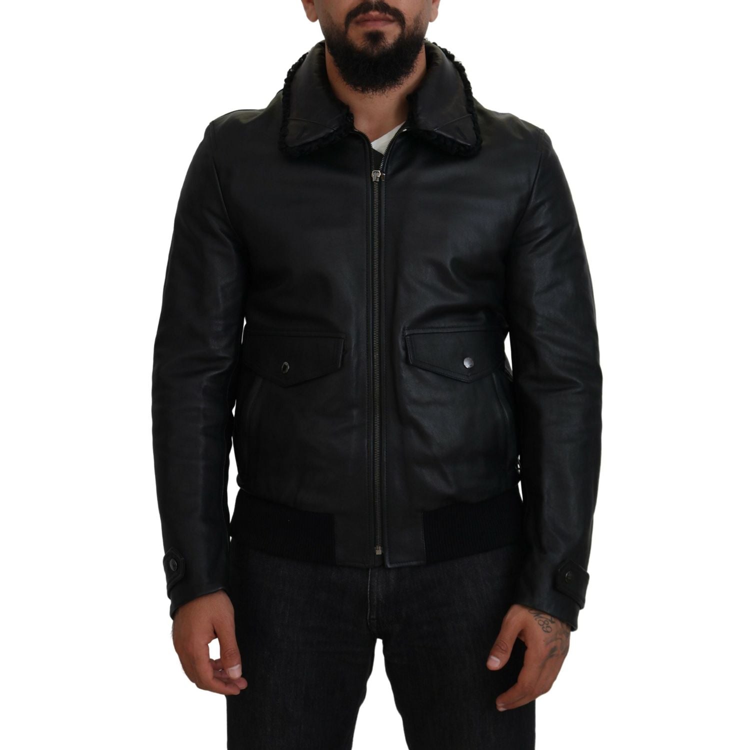 Dolce & Gabbana Black Lamb Leather Collared Men Coat Jacket