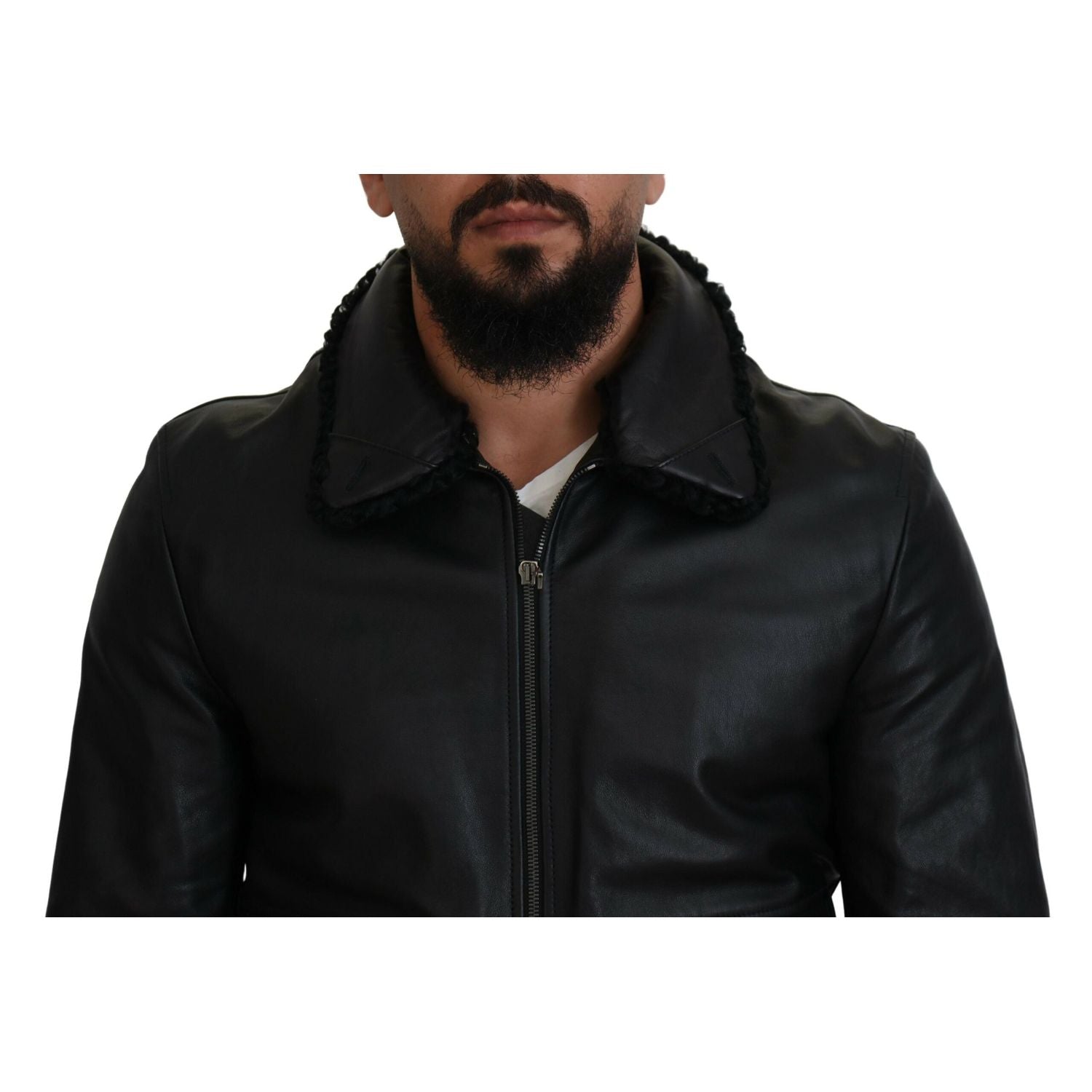 Dolce & Gabbana Black Lamb Leather Collared Men Coat Jacket