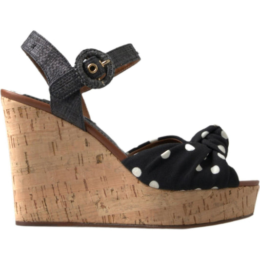 Dolce & Gabbana Black Wedges Polka Dotted Ankle Strap Shoes Sandals 1728,18% Paglia,23% VI,41% Sughero,67345645728,Black,Dolce & Gabbana,EU35.5/US5,EU35/US4.5,EU36.5/US6,EU36/US5.5,EU37.5/US7,EU37/US6.5,EU38.5/US8,EU38/US7.5,Material: 18% Cotton,New with