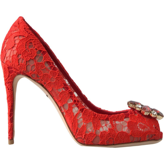 Dolce & Gabbana Red Taormina Lace Crystal Heels Pumps Shoes 1728,2% Silk,5% PA,57% Viscose,67345645728,Dolce & Gabbana,EU35.5/US5,EU36.5/US6,EU36/US5.5,EU37.5/US7,EU37/US6.5,High Heel - Pumps - Shoes,Material: 36% Cotton,New with tags,Pumps - Shoes,Red,Sa