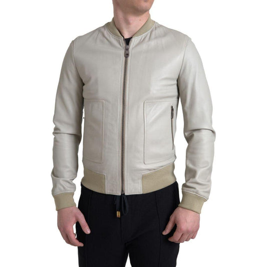 Dolce & Gabbana Cream Leather Bomber Jacket Dolce & Gabbana Dark Gray