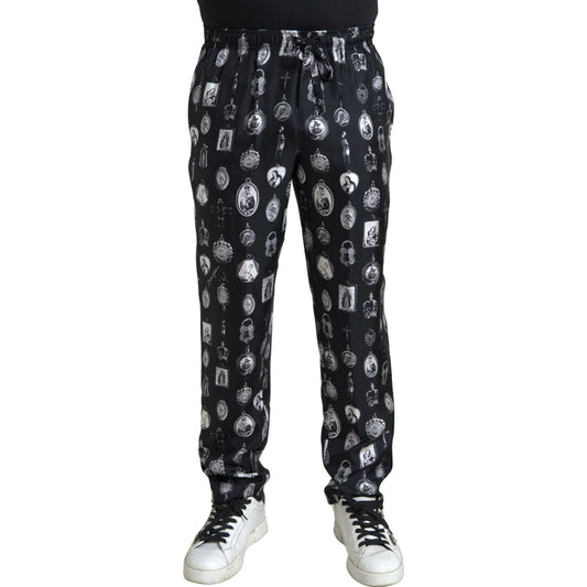 Dolce & Gabbana Elegant Silk Joggers with Religious Print Dolce & Gabbana Dark Slate Gray