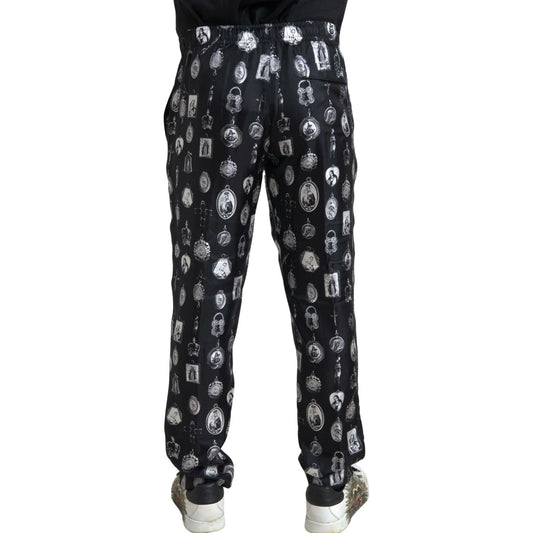 Dolce & Gabbana Elegant Silk Joggers with Religious Print Dolce & Gabbana Dark Slate Gray