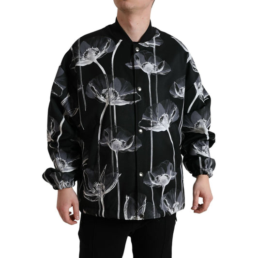 Dolce & Gabbana Elegant Floral-Print Bomber Jacket Dolce & Gabbana Dark Gray