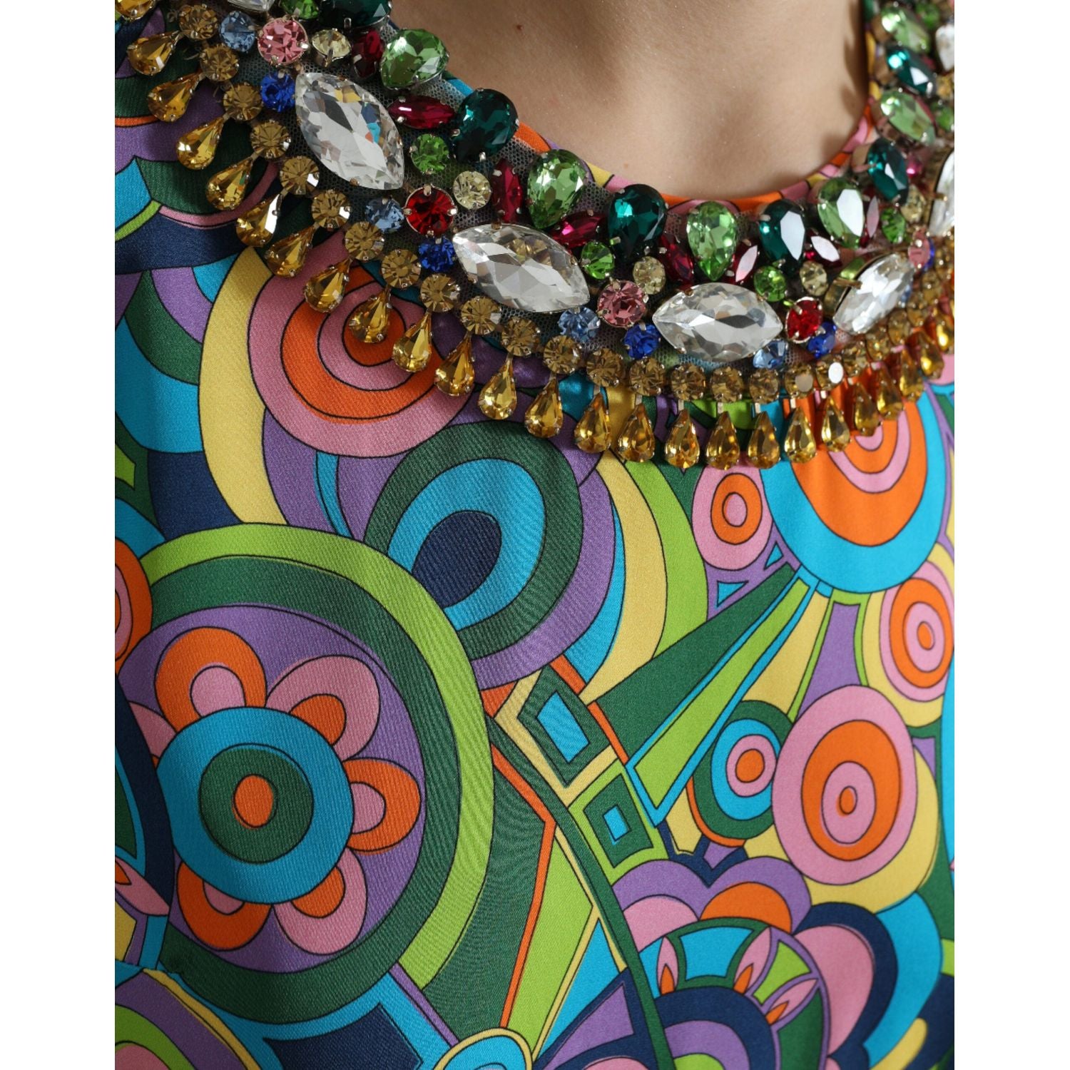 Dolce & Gabbana Multicolor Geometric Print Silk Crystals Midi Dress