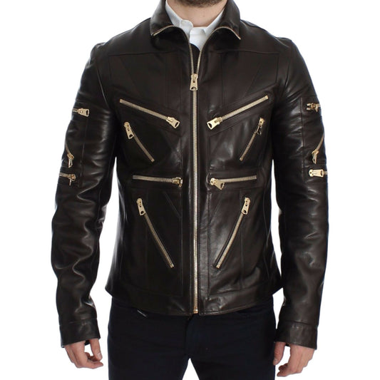 Dolce & Gabbana Brown Lambskin Leather Zipper Jacket
