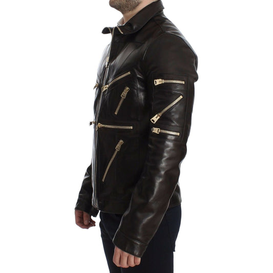 Dolce & Gabbana Elegant Brown Gold-Detailed Leather Jacket Dolce & Gabbana Black
