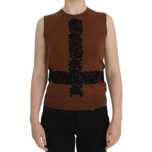 Dolce & Gabbana Brown Wool Black Lace Vest Sweater Top