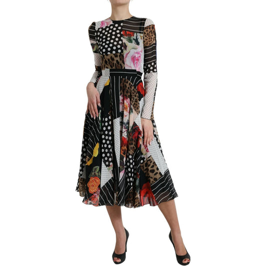 Dolce & Gabbana Elegant Patchwork Silk Midi A-Line Dress Dolce & Gabbana Black