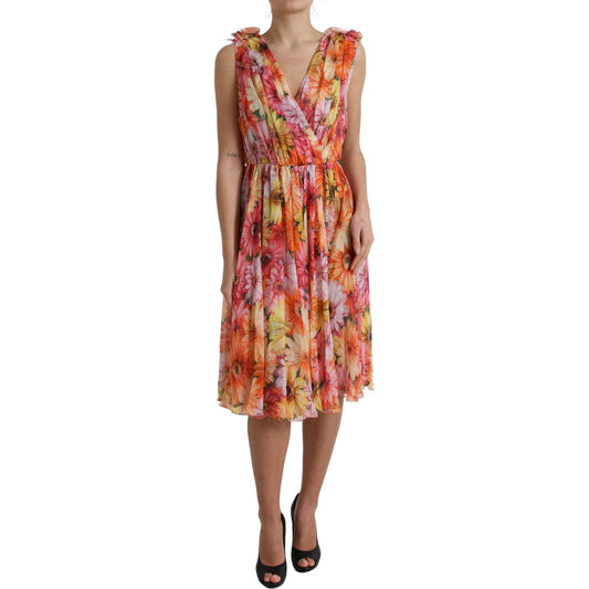 Dolce & Gabbana Elegant Floral Silk Midi Dress with V-Neck Dolce & Gabbana Sienna